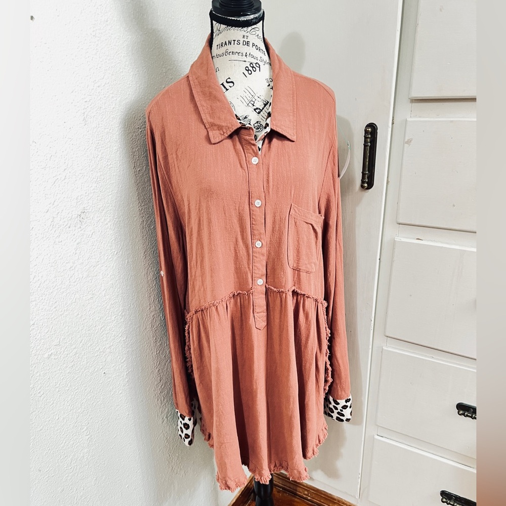Rust Long Sleeve Button-Up dress Umgree size L lepoard trim
